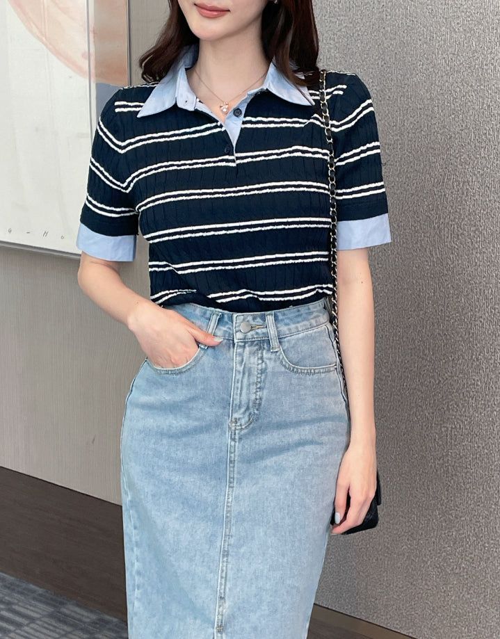 iam mari（アイアム マリ）の「Monta Color Matching Collar Stripe Cable Knit（Tops）」