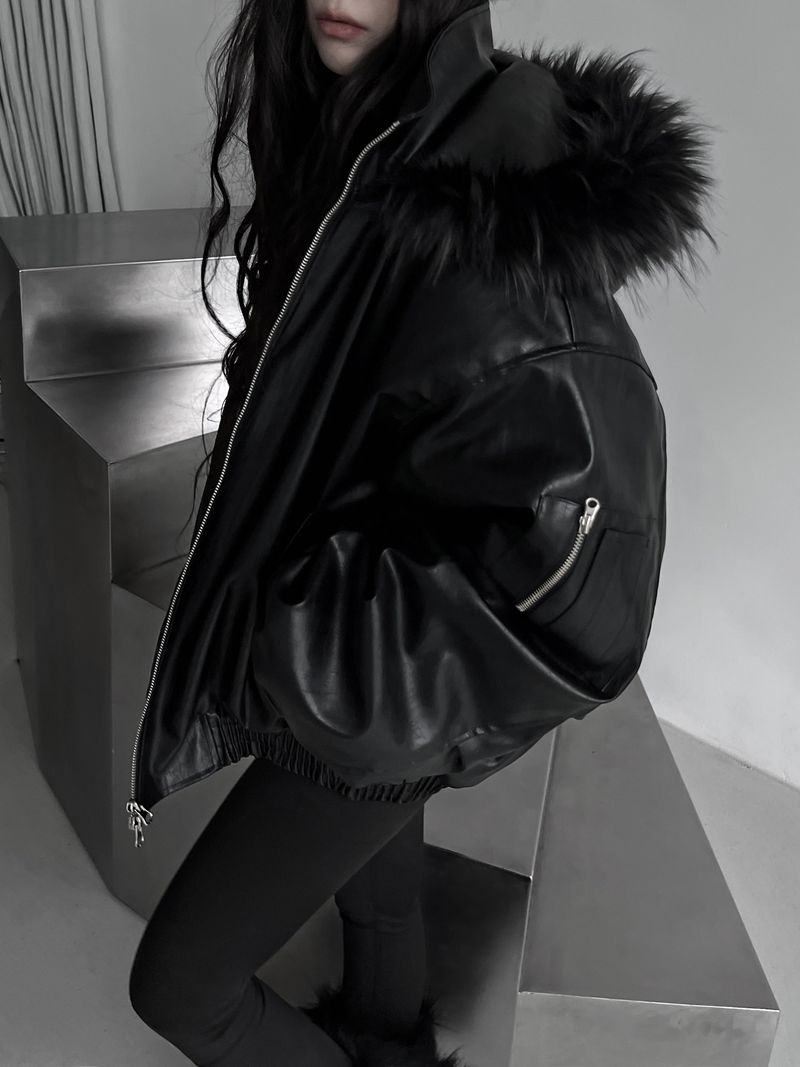 overfit fur hood leather jacket
