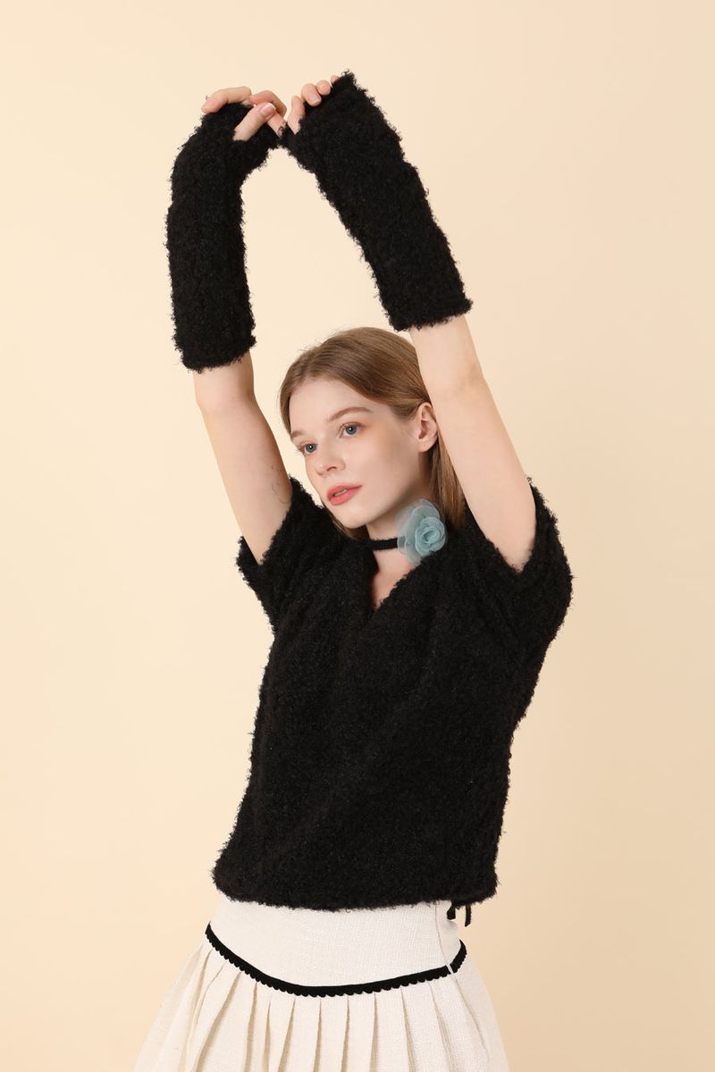 Feminine Puff Knit Warmer Set Black