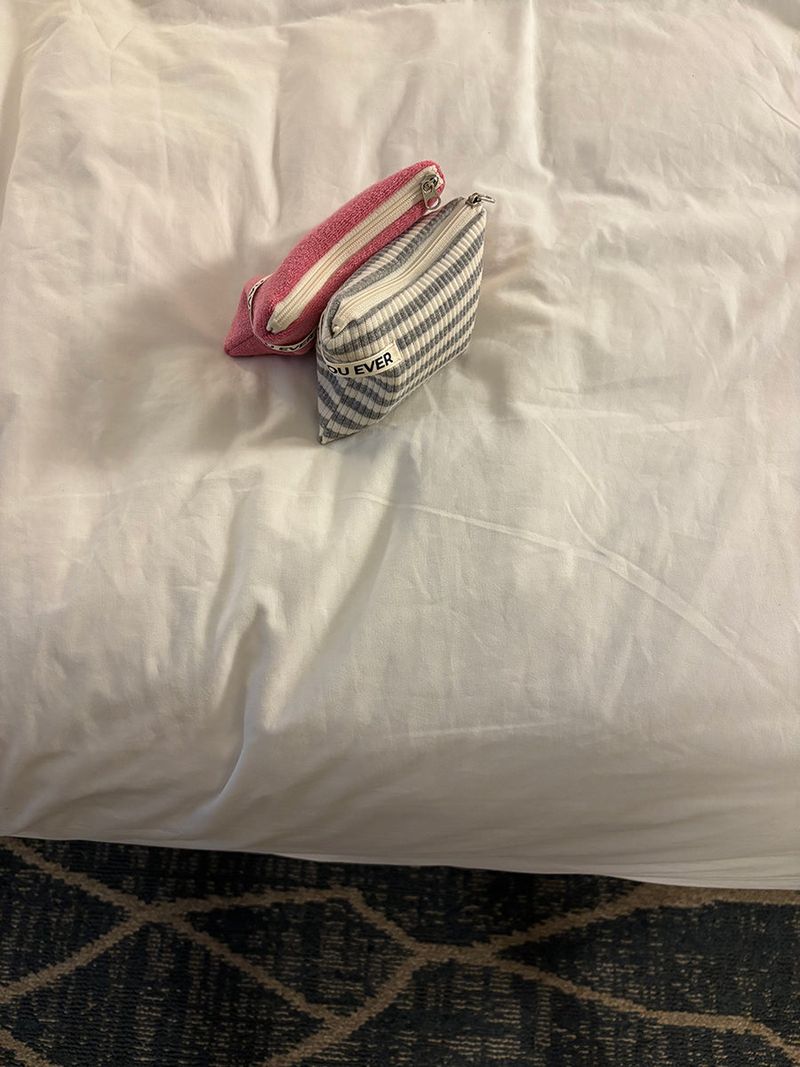 Pale ribbed stripe flat pouch - gray , M size