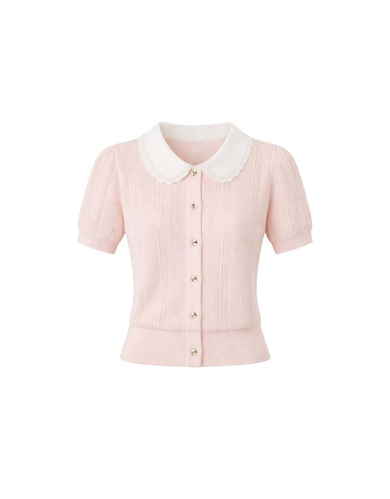 TWEEDY-A（ツウィーディア）の「Daisy Scallop Collar Contrast Short Sleeve Knit Cardigan Pink（Tops）」