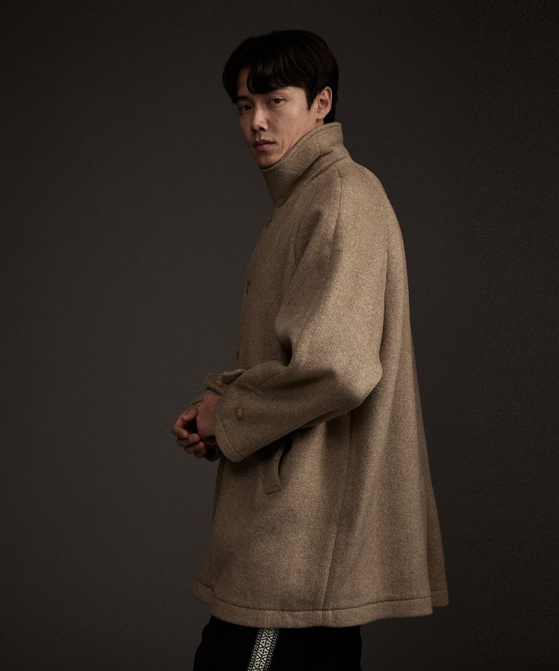BALMACAAN HERRINGBONE WOOL CASHMERE HALF COAT BEIGE
