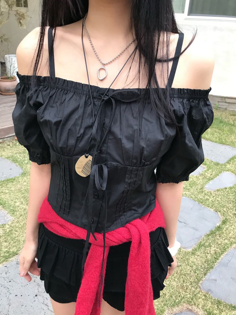 Lovely Note Two-Way Square Neck Off Shoulder Ribbon BLouse