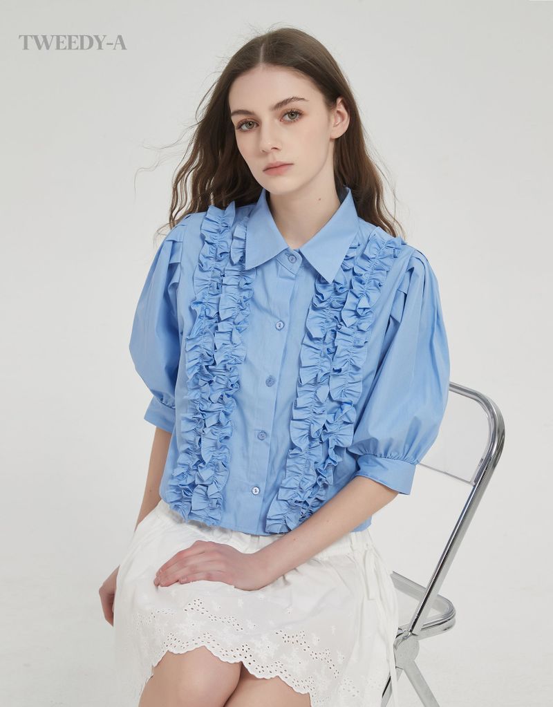 TWEEDY-A（ツウィーディア）の「Ravina frill detail puff sleeve blouse blue（Tops）」