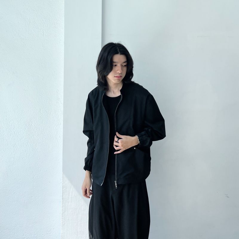 Minimalist Structural Aesthetic Drawstring Hem Striped Stand Collar Jacket