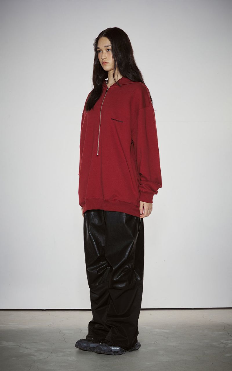 HAIF-ZIP HOODIE (LONG)_DARK RED
