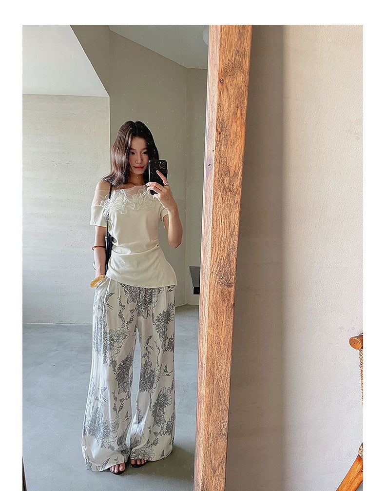 Asymmetrical Lace Trim Off-Shoulder Tee