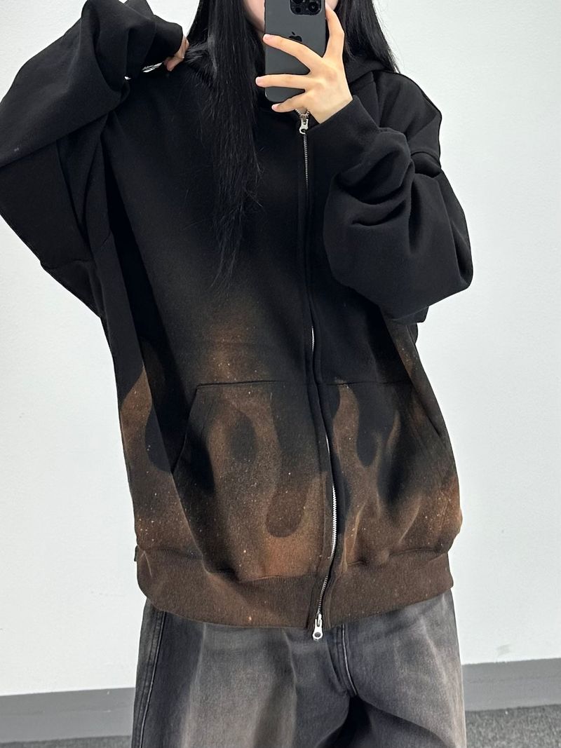 flame washed hooded zip-up