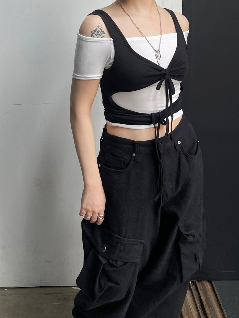 Layered Strap Hole Ribbon Top