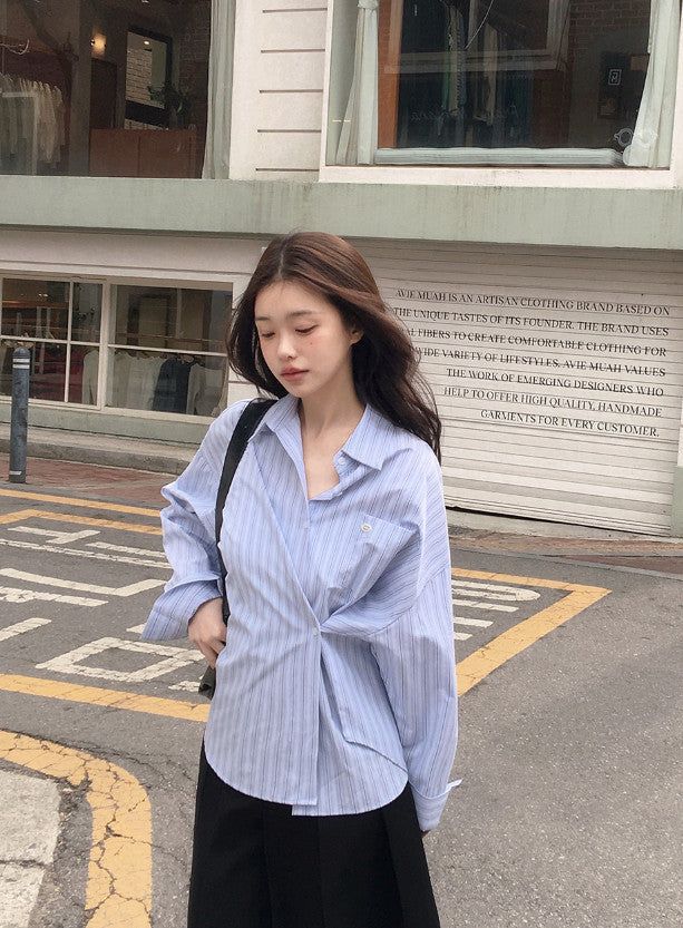 Today Loose Button Wrap Stripe Shirt (3color)