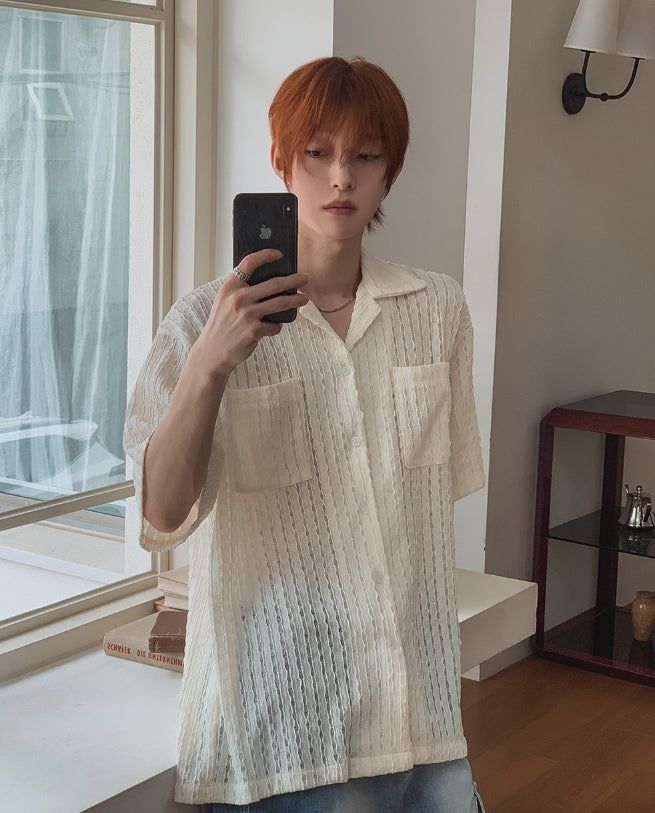 Wavy Open Collar Half Shirt