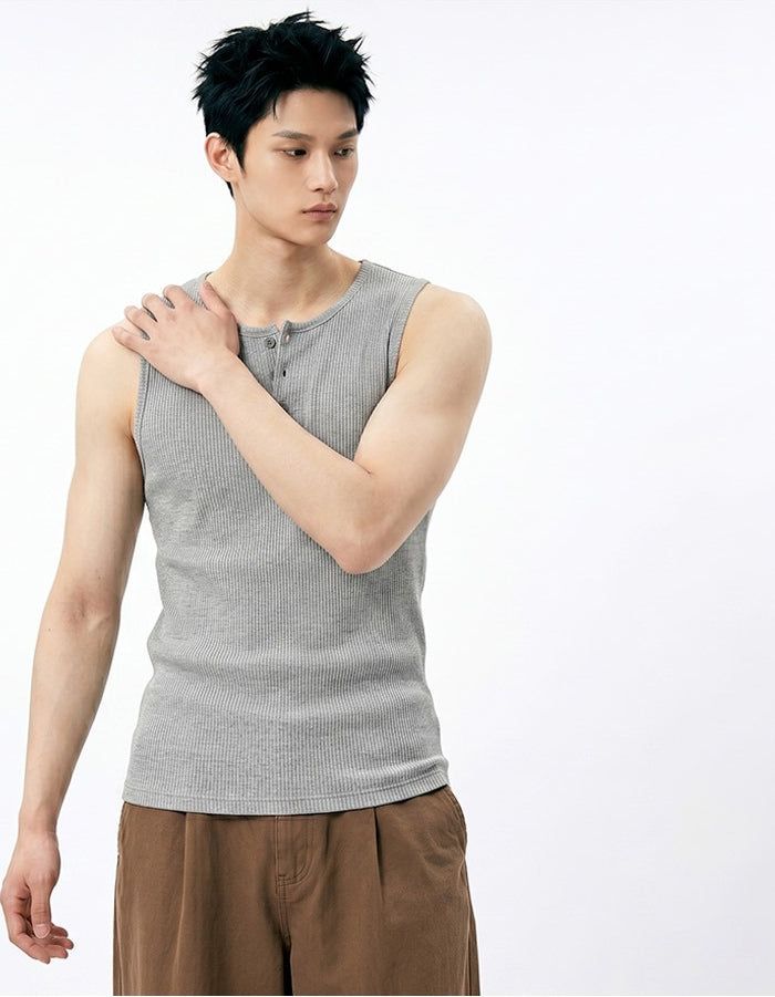 Ribbed Henley-Neck Sleeveless Top Gray