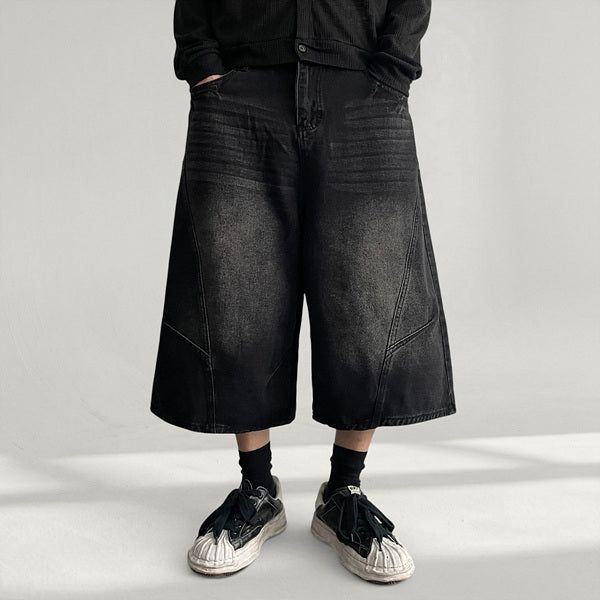 Ment Wash Diagonal Cut Denim Bermuda Pants