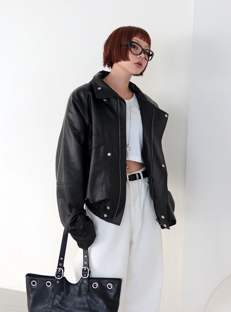 Laurent high neck leather jacket