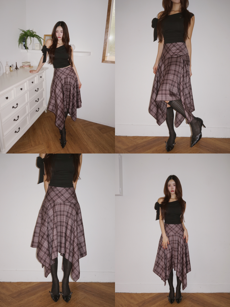 Unbalanced High Midi Checkered Skirt