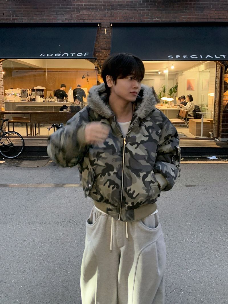 Jean Camo Raccoon Crop Puffer Jacket