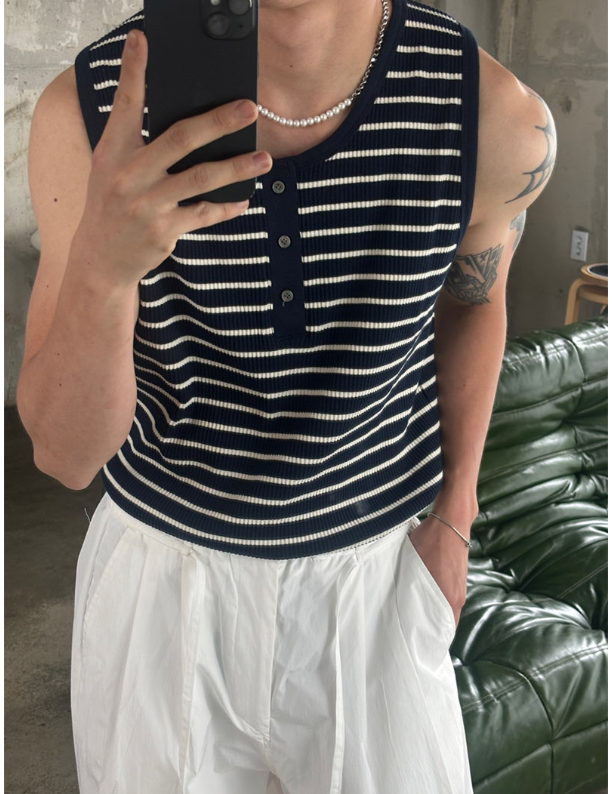 [S/S] Stripe henry neck sleeveless(3color)