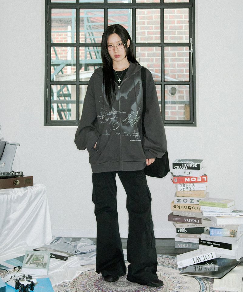 Angel Stud Overfit Hood Zip-Up - CHARCOAL
