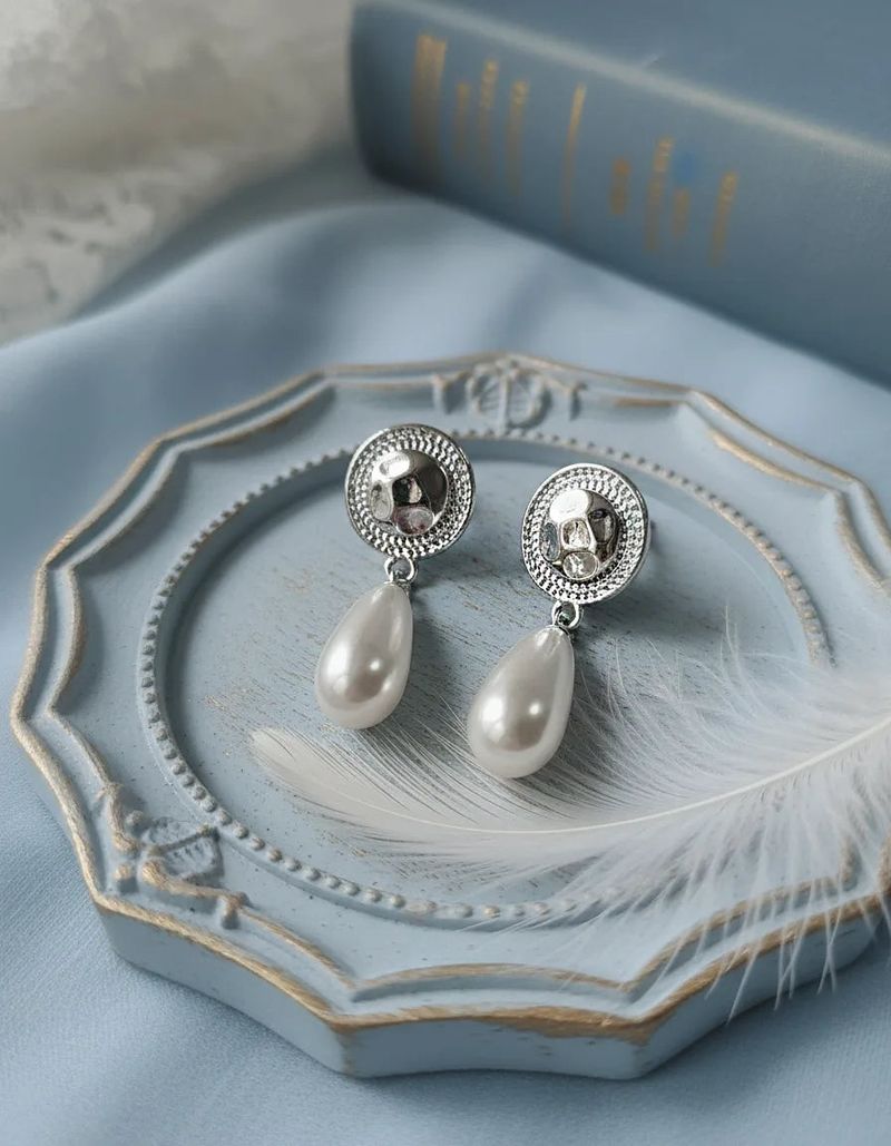 Ethnic Button and Long Pearl Earrings - Silver Color