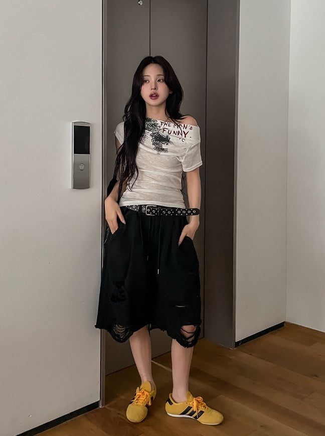 Motif Damage Banding Bermuda Pants