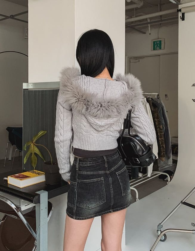 Rinco Cable Knit Fur Hood Zip-Up