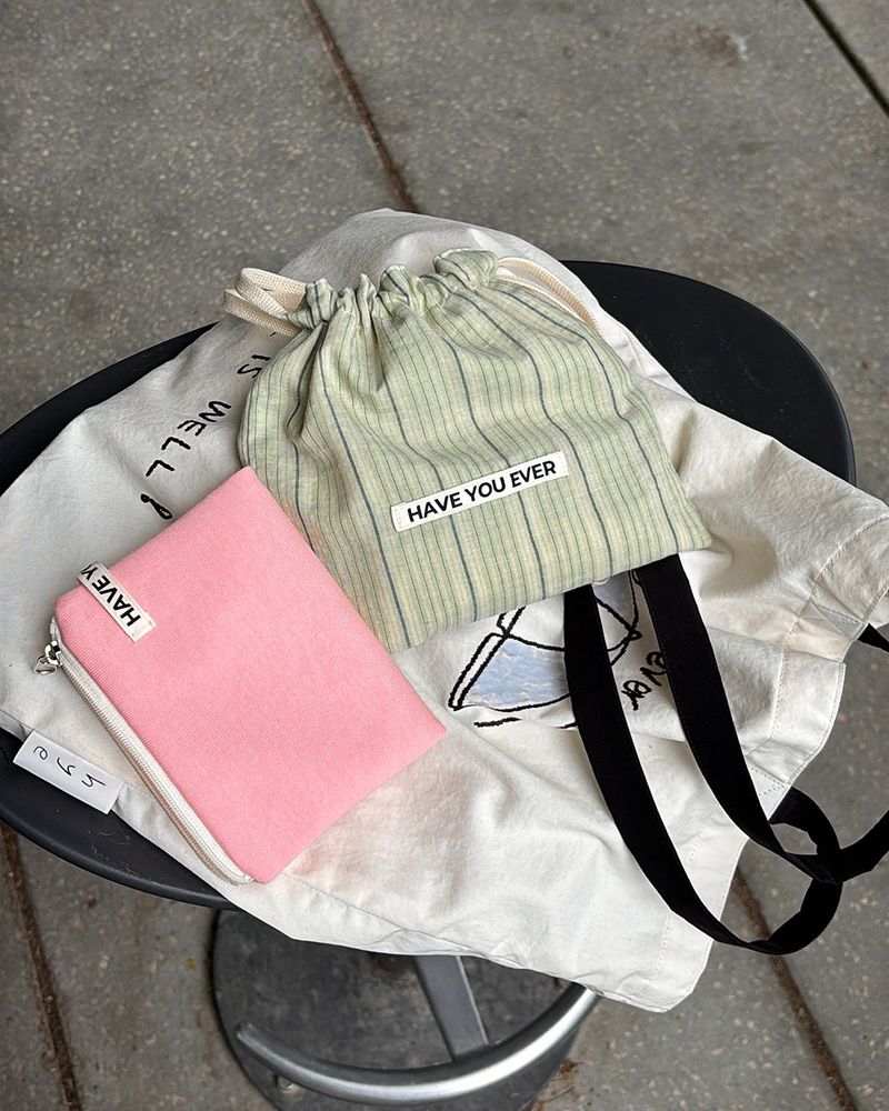 Pattern string pouch - mint stripe , M size