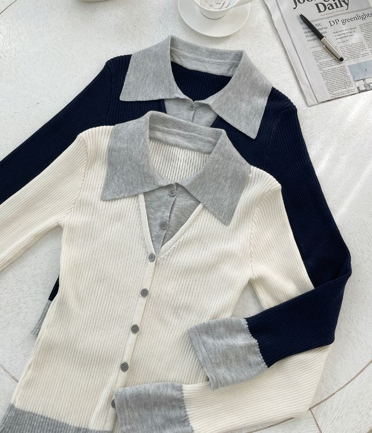 Core Layered Collar Ribbed Knit Cardigan
