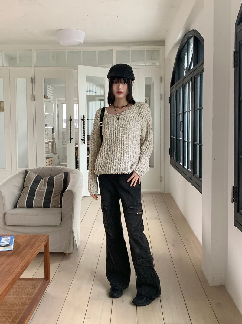 Anton cargo pocket black and blue bootcut denim pants
