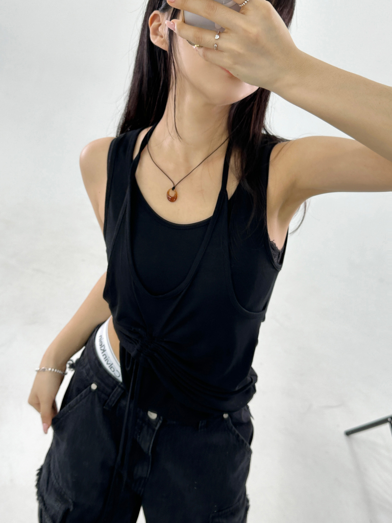 LAYERED SHIRRING POINT SLEEVELESS🤎💚🖤🤍 - 4 COLORS