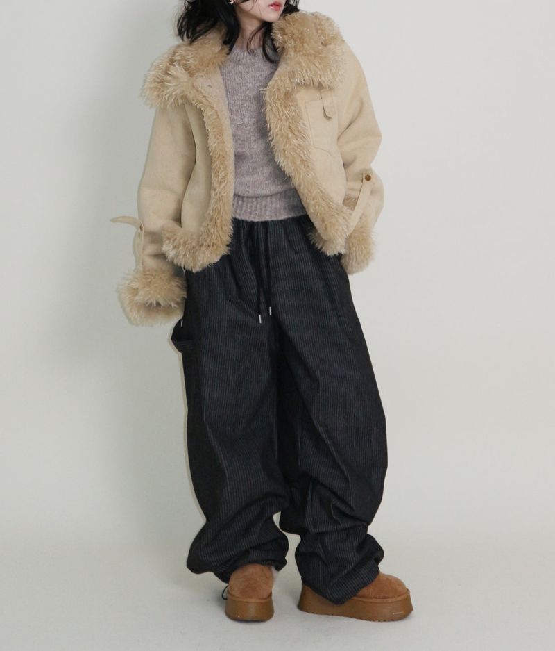 Terry Stripe Banding Carpenter Wide Denim Pants (for all four seasons)