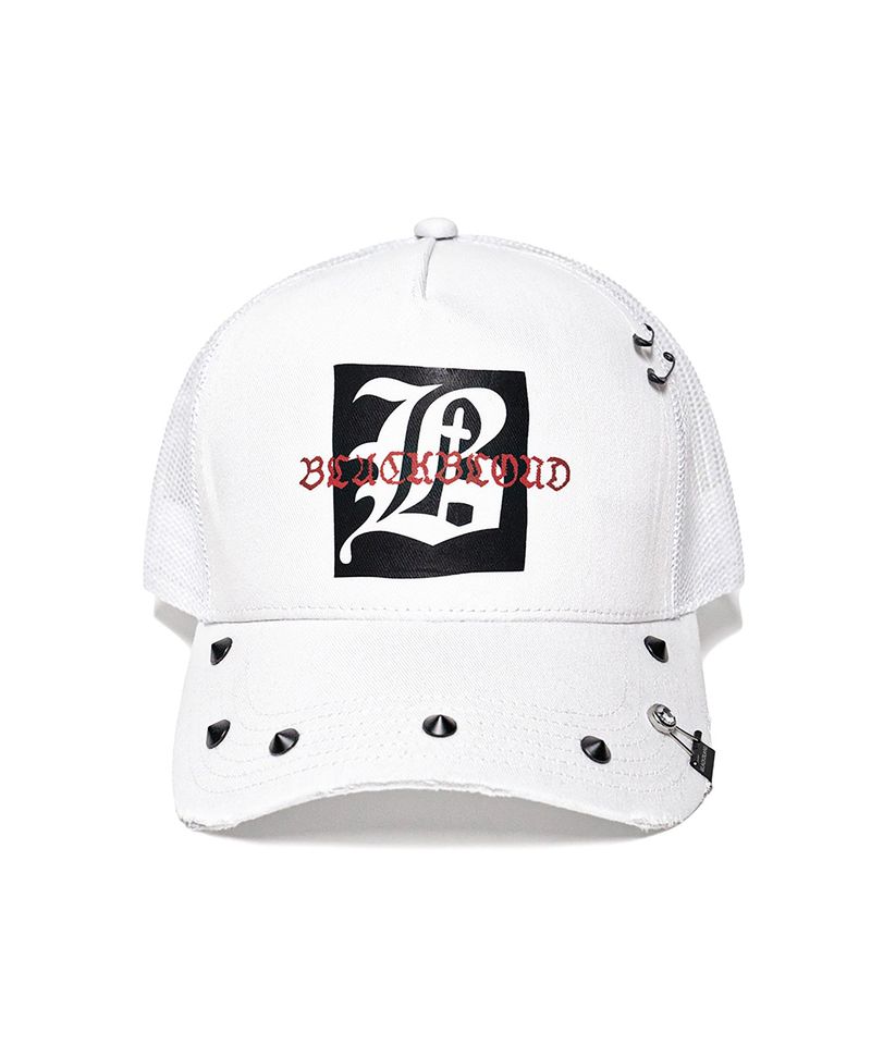 BLACKBLOND（ブラックブロンド）の「BBD Graphic B Logo Stud Trucker Mesh Cap (White)（Hats）」