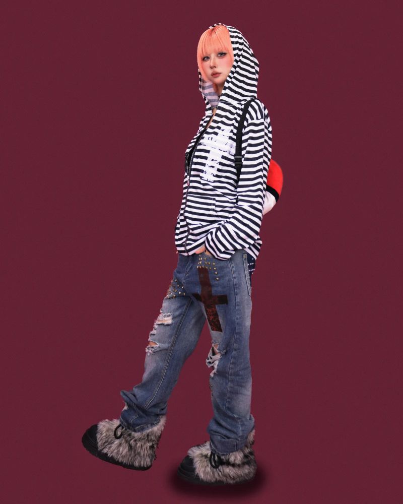 cross striped loose hood zip-up