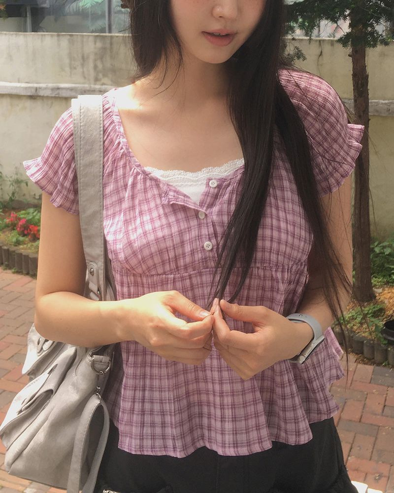 Lizzy Checkered Puff Shirring Blouse