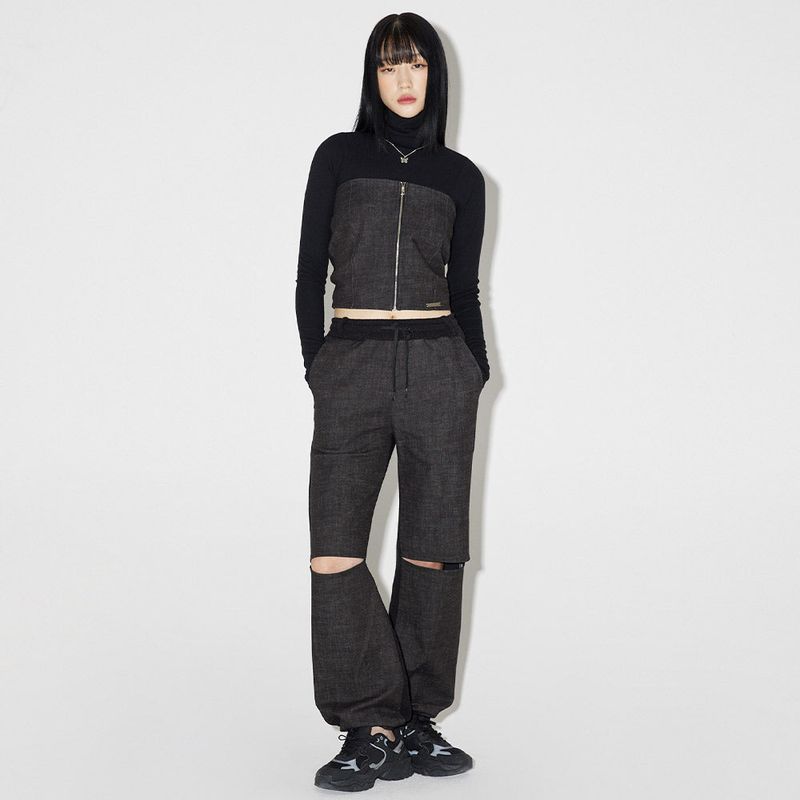 デニムニットブロッキングパンツ / Denim Knit Blocking Pants [BLACK]