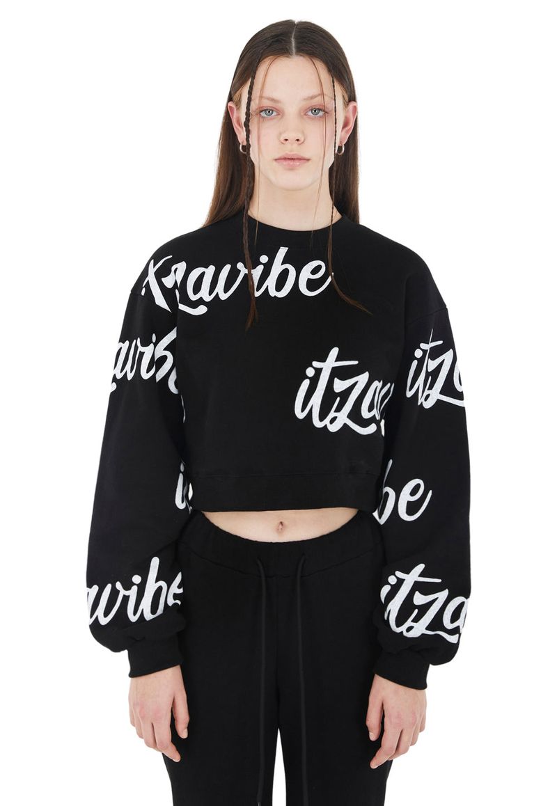 ITZAVIBE（イッザバイブ）の「[ISS007-1] SCRIPT PATTERN CROP MTM - BLACK（Tops）」