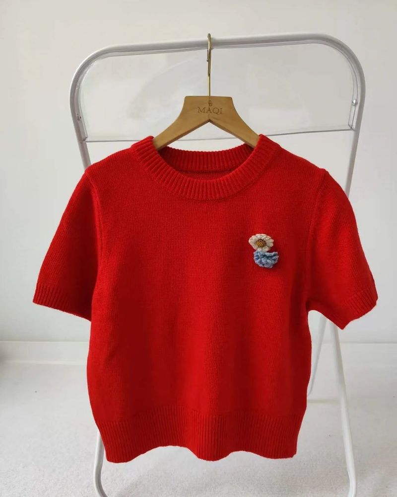 [1+1 Special] Tours Flower Decor Round Neck Wool Short Sleeve Knit