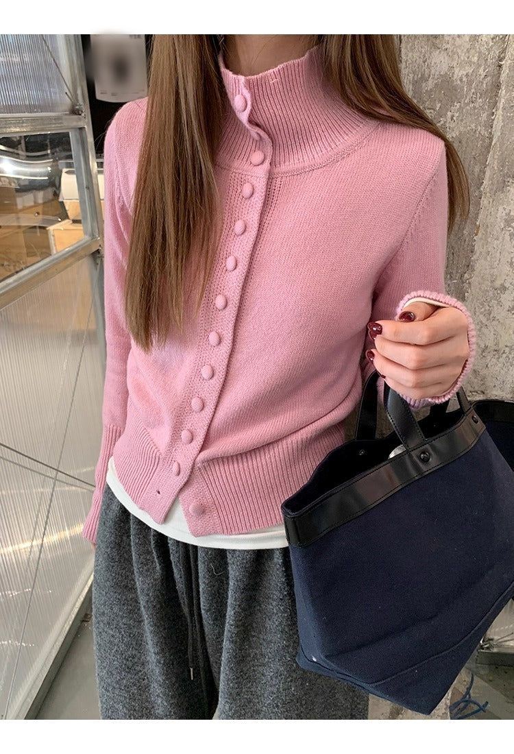 Pink button high-neck knit long-sleeved cardigan