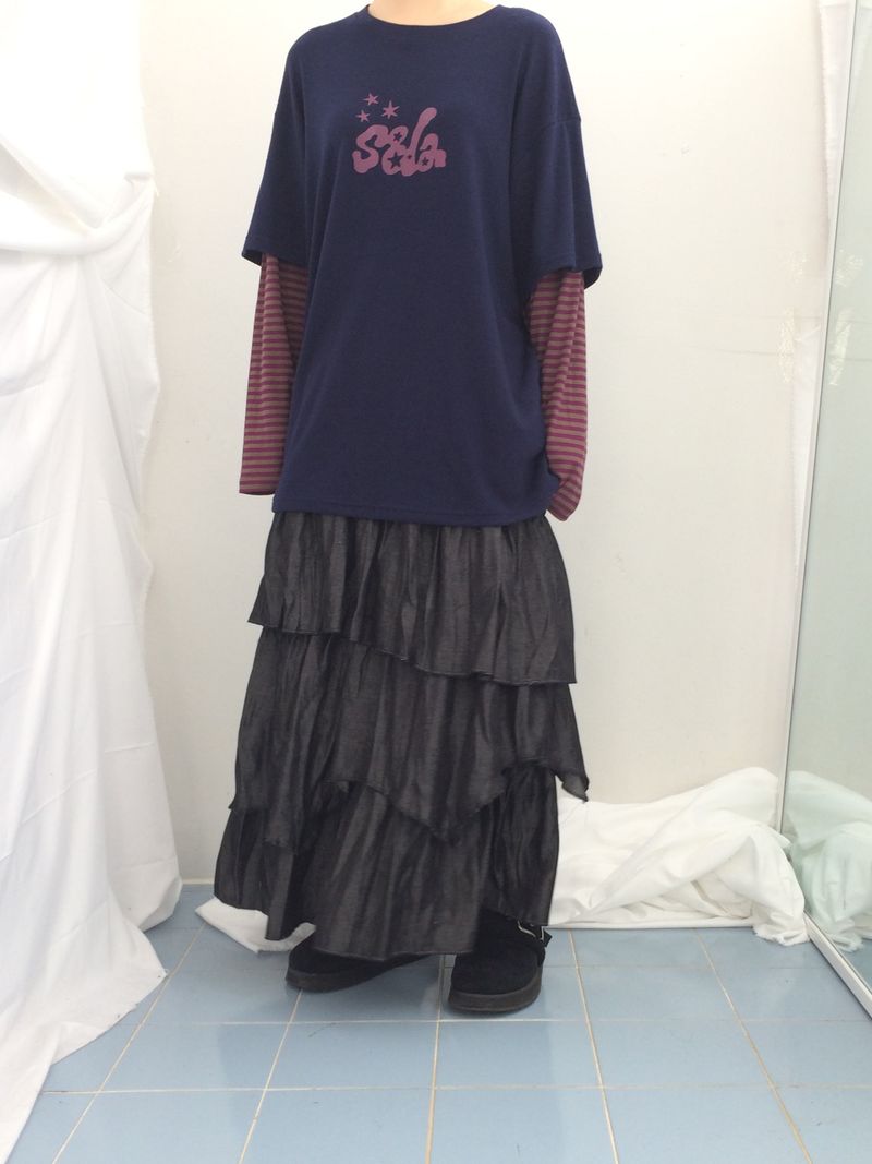 Diagonal Layer Shirring Long Skirt