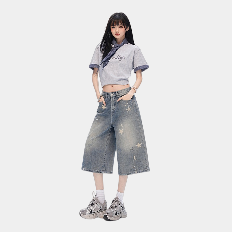 La mode MAQI（ラ モード マキ）の「Vintage Star Print Washed Wide Cropped Denim Pants（Pants）」
