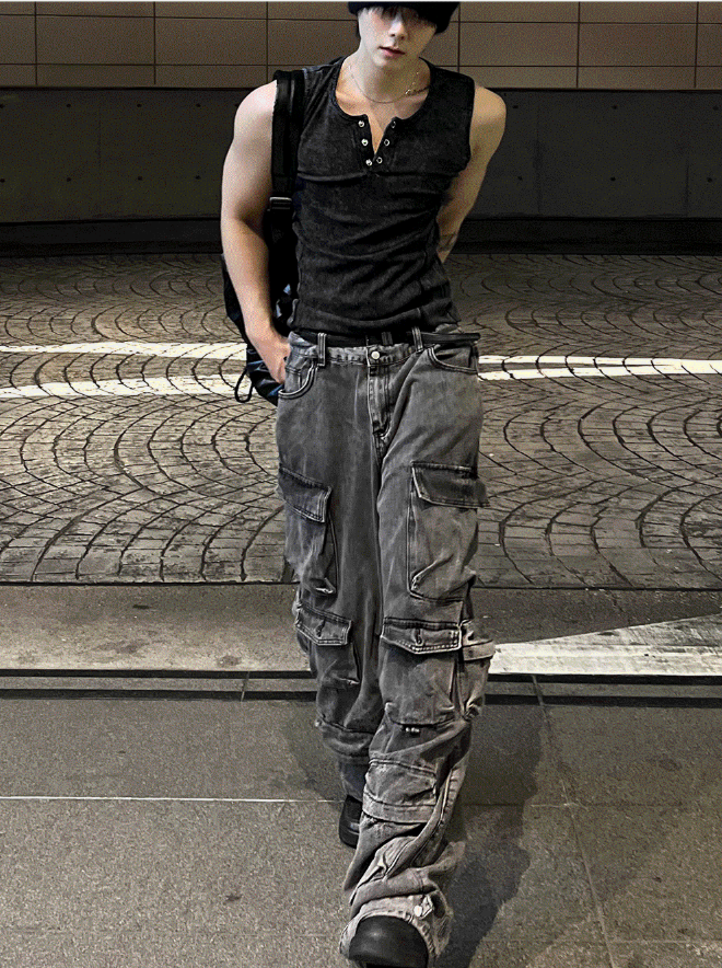 Pigment Dyeing Washing Vintage Muscle Fit Henley Neck Sleeveless Shirt