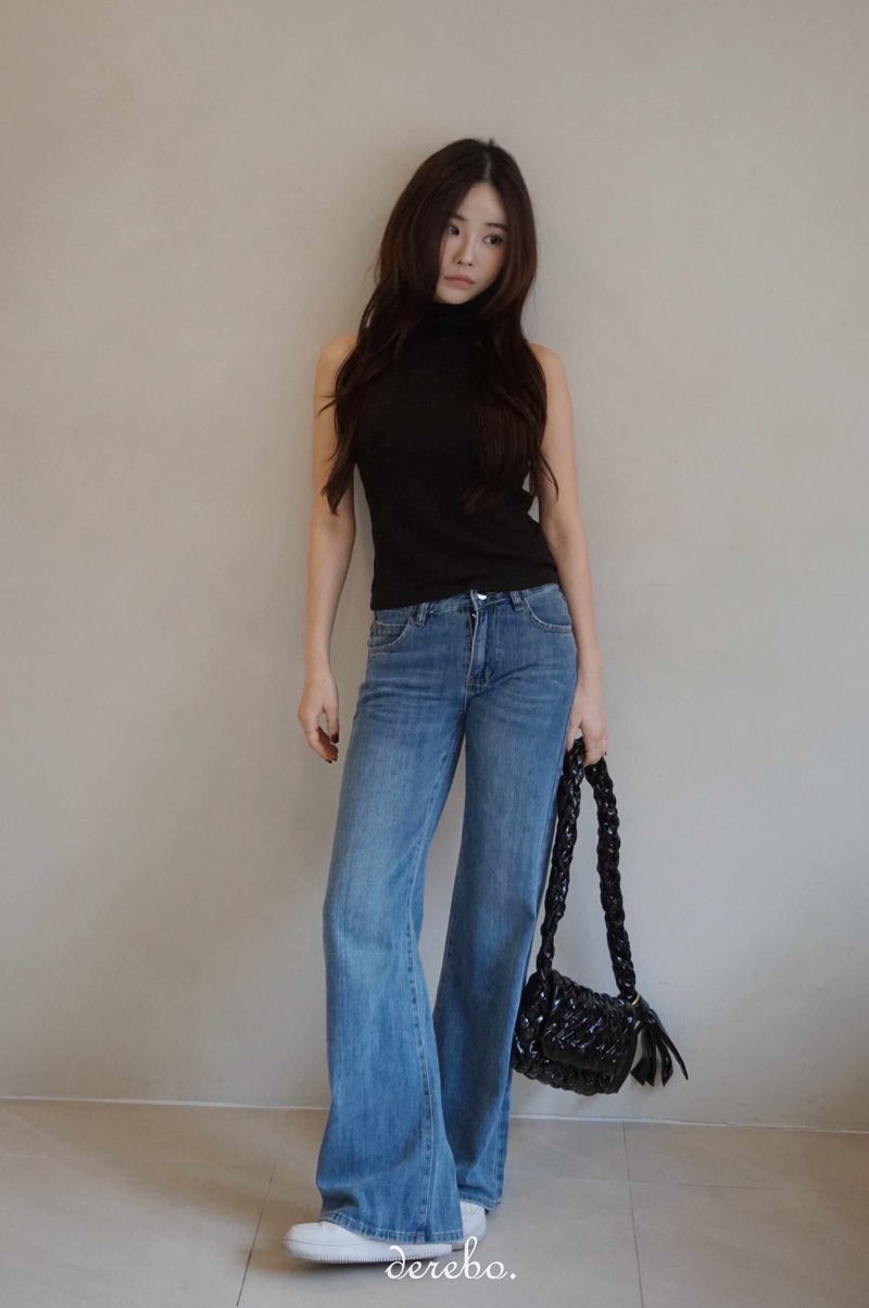 low semi-long denim pants