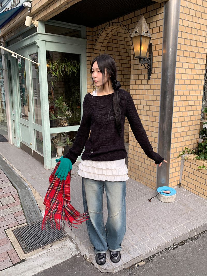 DAMAGE BOAT NECK LOOSE KNIT (3C)