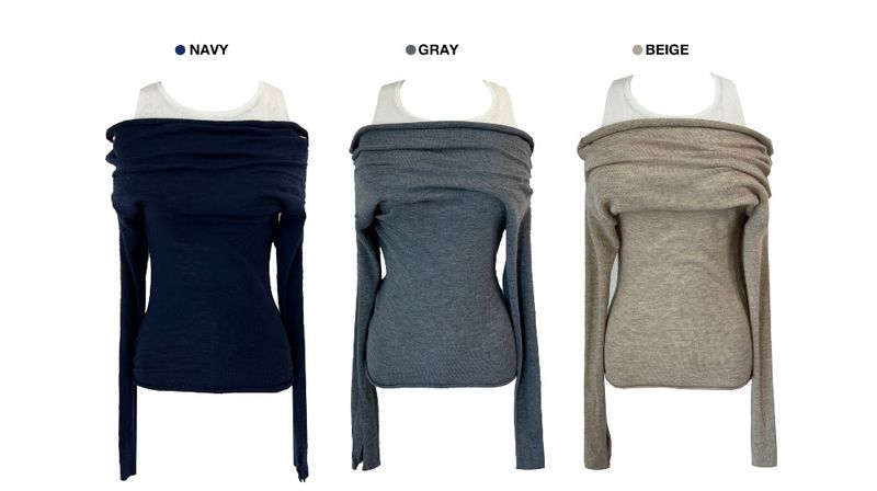 Layered shirring off-shoulder solid long sleeve knit top (3 colors)