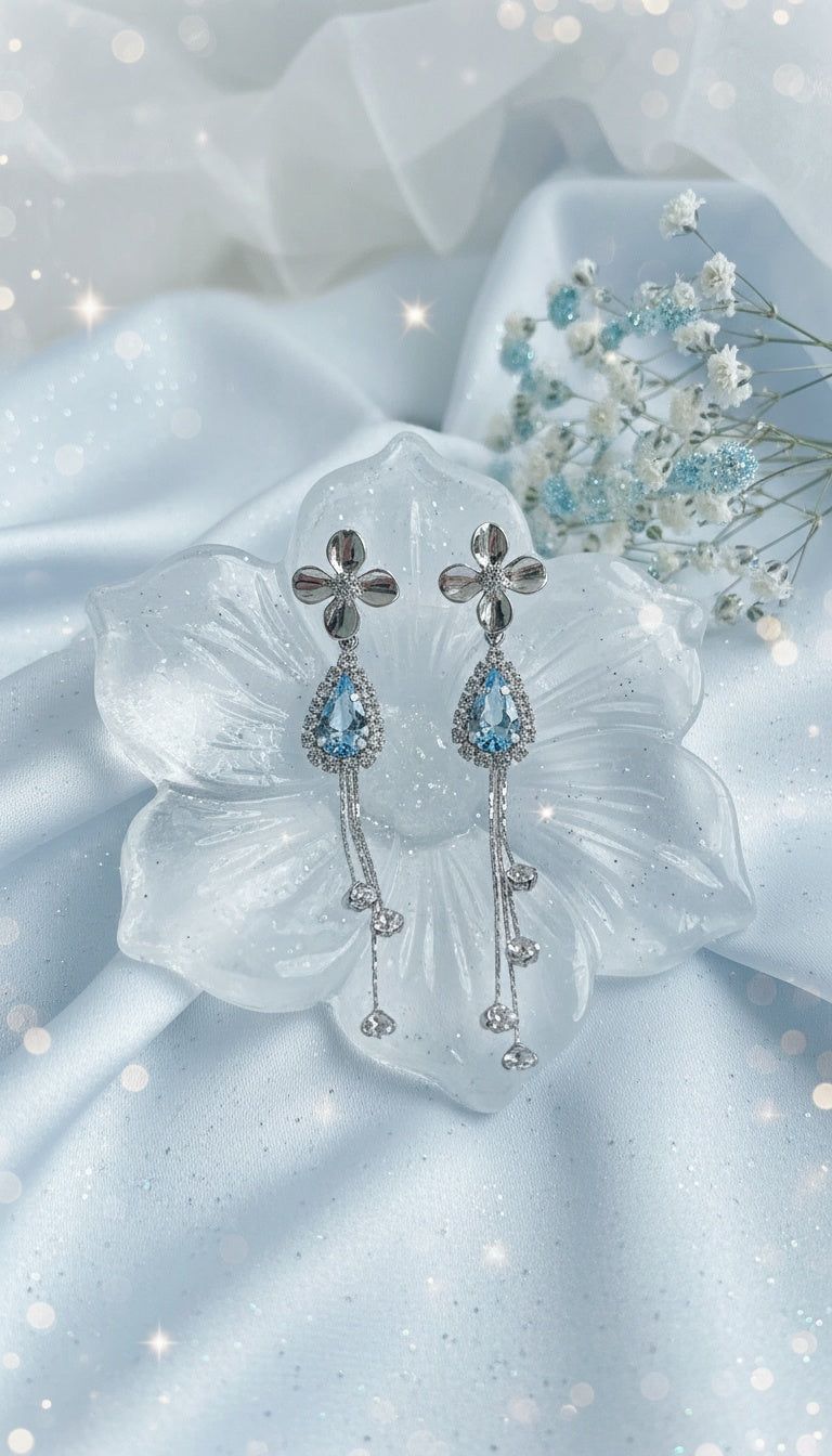 Silver Flower and Teardrops Piercing - Light Sapphire