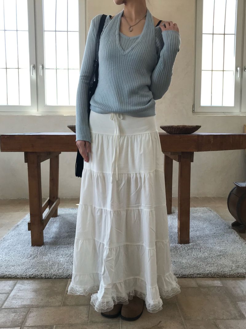 Second Layered Wrap Slim Fit Long Sleeve Rib Knit