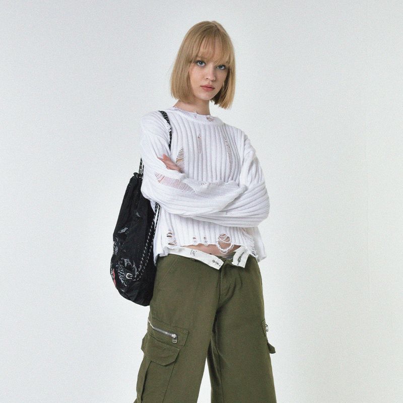 MIDNIGHT MOVE（ミッドナイトムーブ）の「damage knit (white)（Tops）」