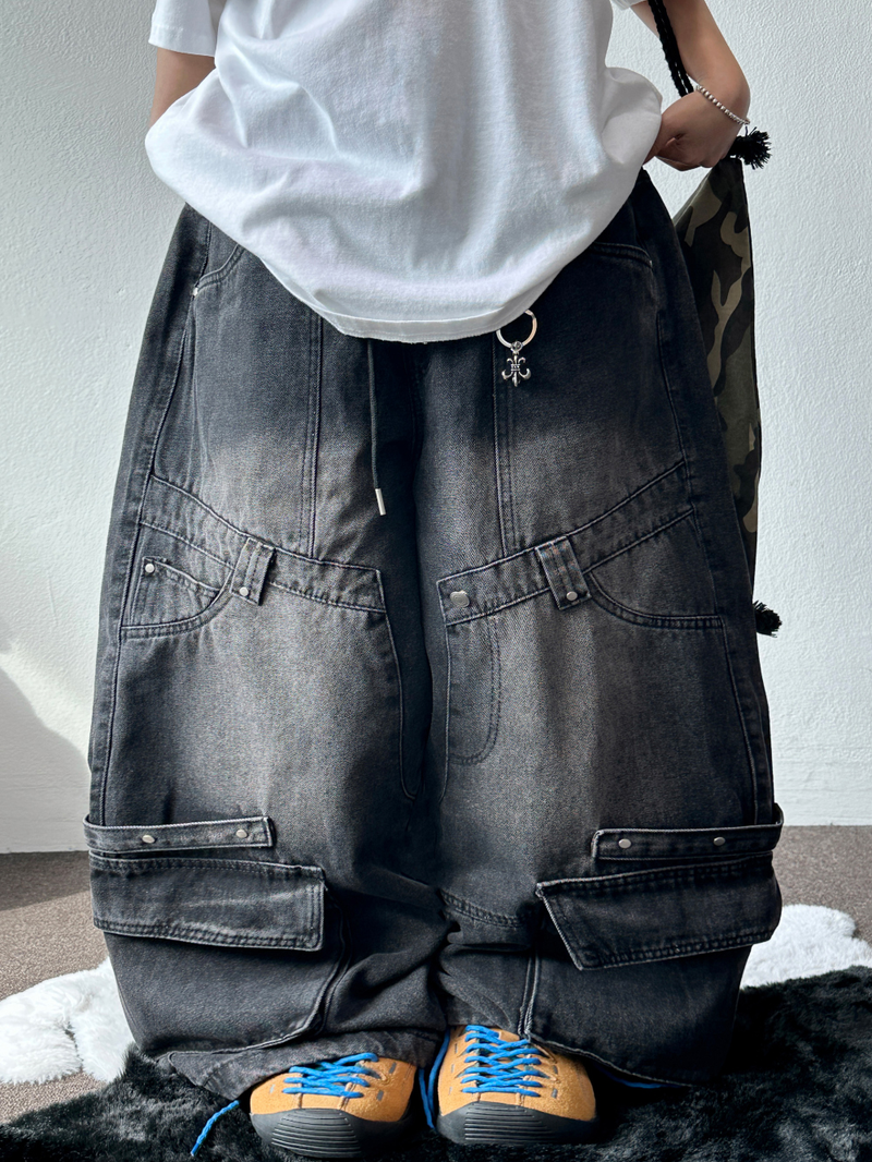 HIP RIVET KEYRING DOWN CARGO DENIM LONG PANTS🩵🩶 - 2 COLORS