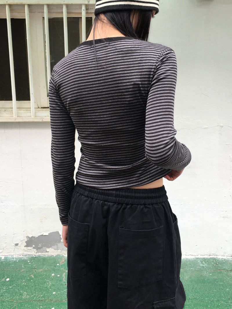 Qwerty Striped Shirred Long-Sleeve Tee (4c)
