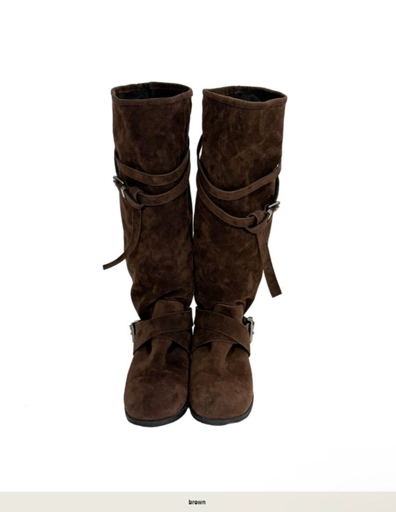 press matte buckle suede long boots (2.5cm)