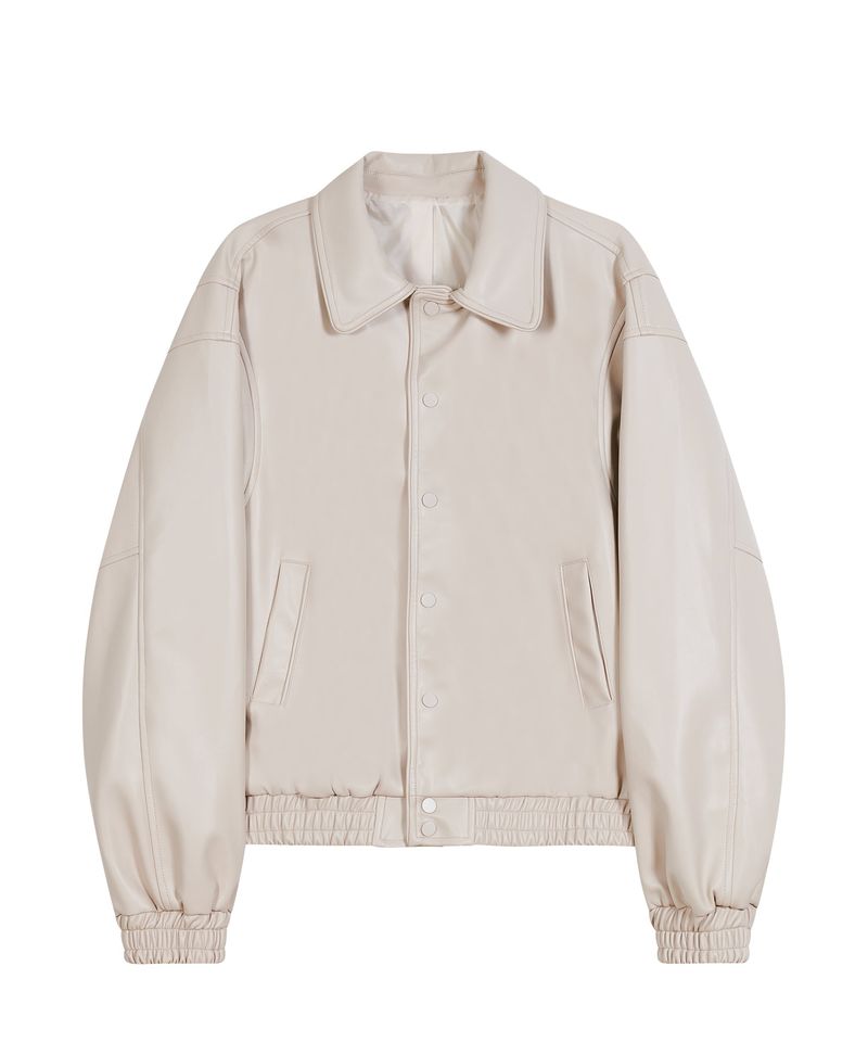 87-STAN030 [Vegan Leather] Voldest Stylish Line Varsity Leather Jacket Ivory